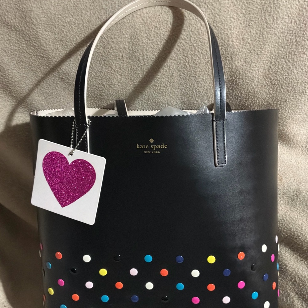 GUC Kate Spade Black Tote with Multi Colorful Dot Tote